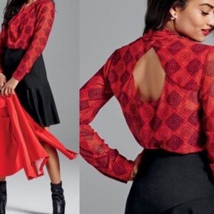 CAbi Silky Deep V-Neck Red Patterned Blouse with Open Back Sz M Women
